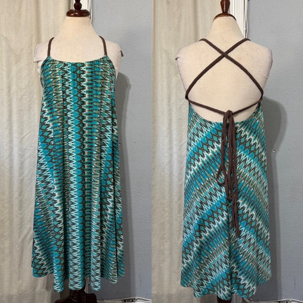 BCBGMAXAZRIA Turquoise Ikat Tribal Print Halter Neck Maxi Dress Sz S Crisscross